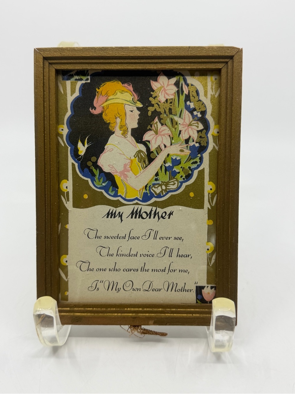 Vintage 1930s art deco Gold Picture Frame with Floral Mother poem Print